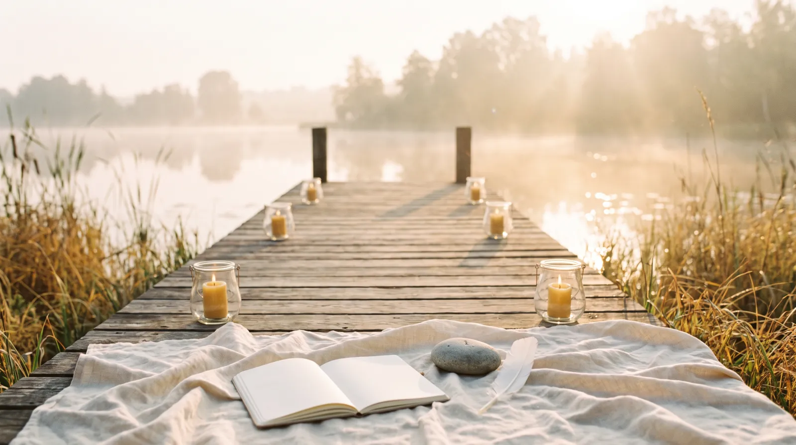 Holzsteg am See im Morgennebel, Kerzen in Gläsern, auf einer Decke ein offenes Buch, ein Stein und eine Feder